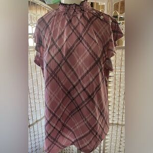 Pink Geometric Women's Ruffle Neck Blouse Shirt Size XL Cap Sleeve Pullover Top